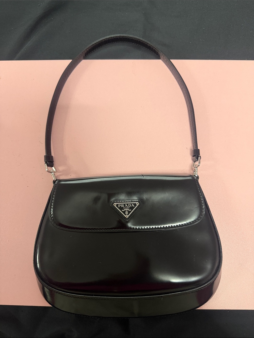 Prada Black Patent Leather Shoulder Bag with Triangular Logo